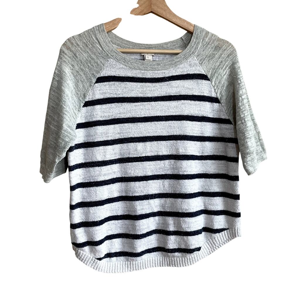 J.Crew linen blend gray black white striped knit short sleeved top women's large